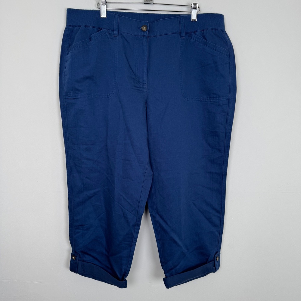 NEW - J Jill Ink Navy Blue Linen Cotton Blend Petite Roll Tab Pants XL‎